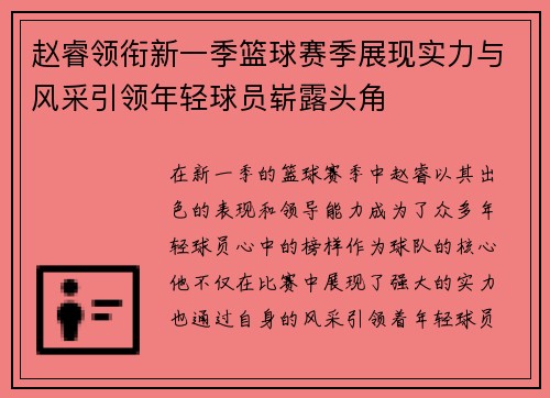 赵睿领衔新一季篮球赛季展现实力与风采引领年轻球员崭露头角